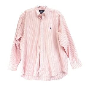 Ralph Lauren Button Down Shirt Linen Roll Tab Sleeves Pink Stripe Blue Pony XL